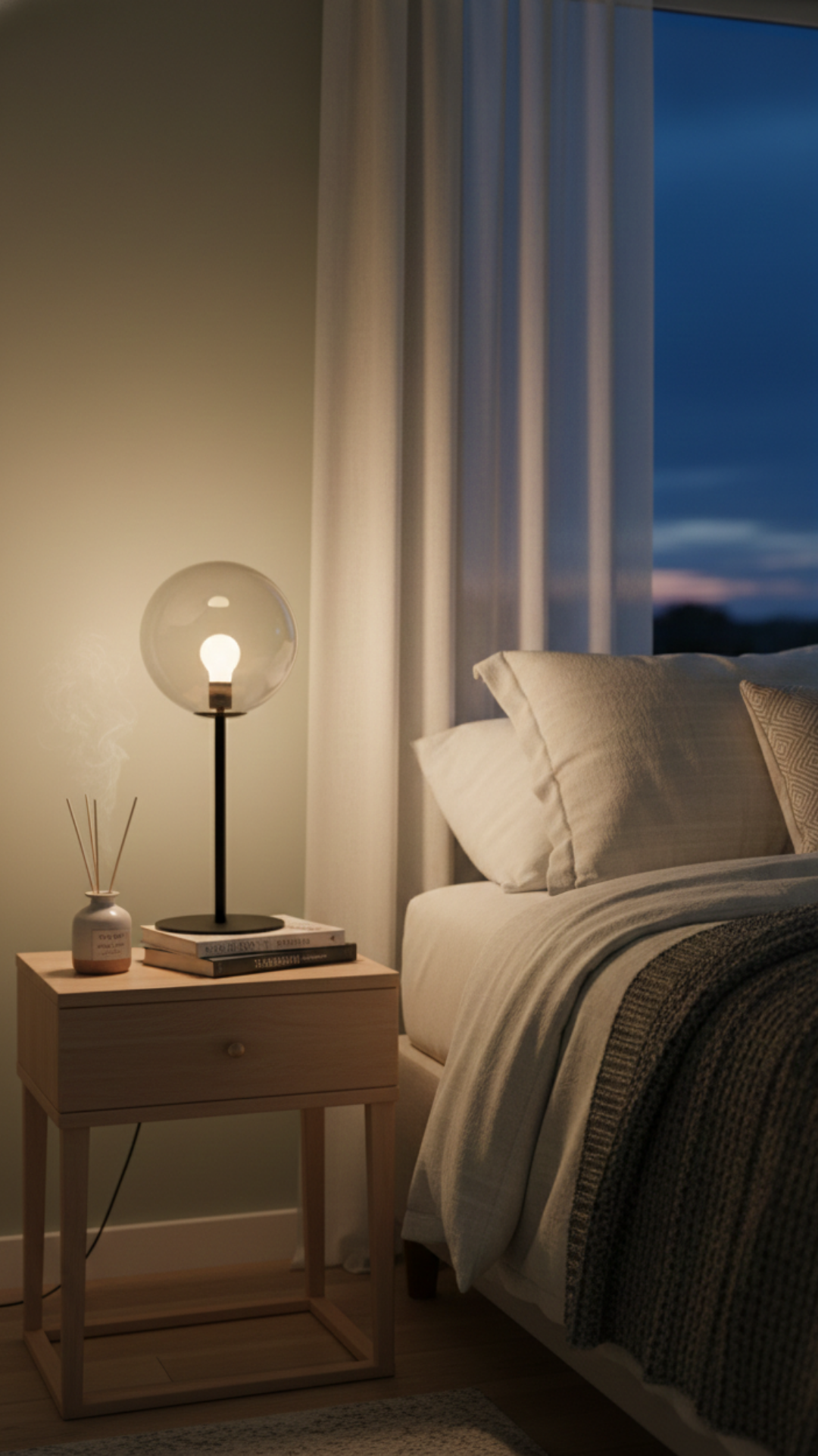 Bedroom nightstand with Australum globe table lamp creating cozy ambience