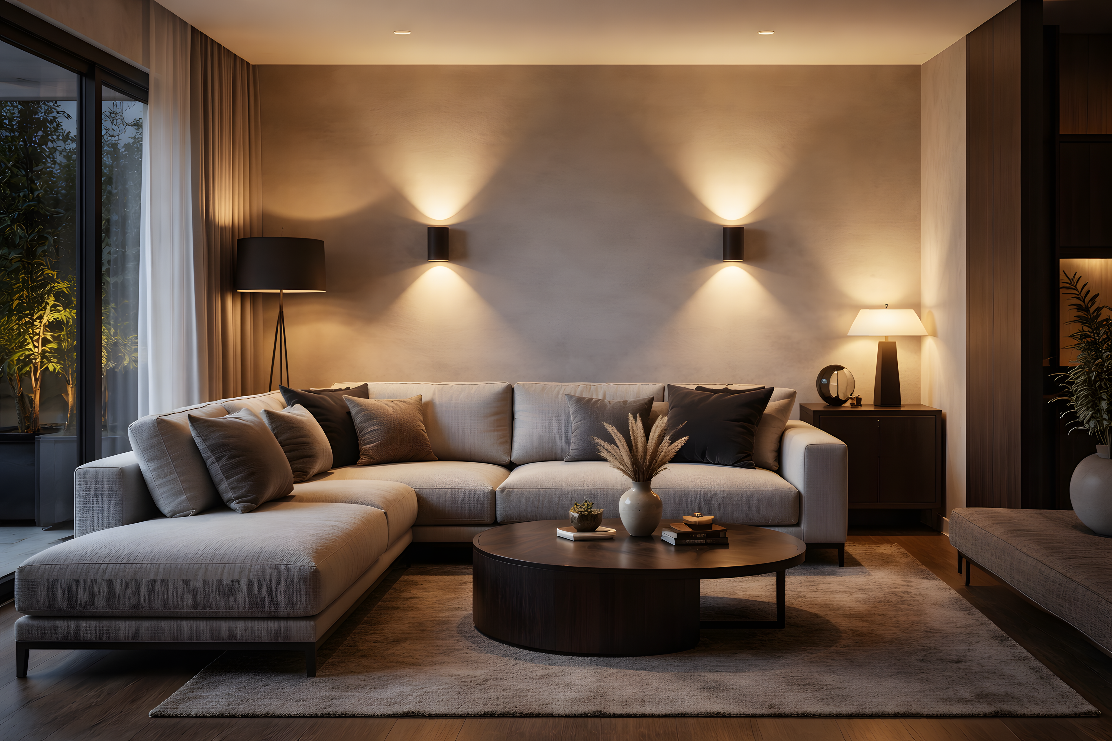 Modern living room with Australum wall sconces creating ambient lighting
