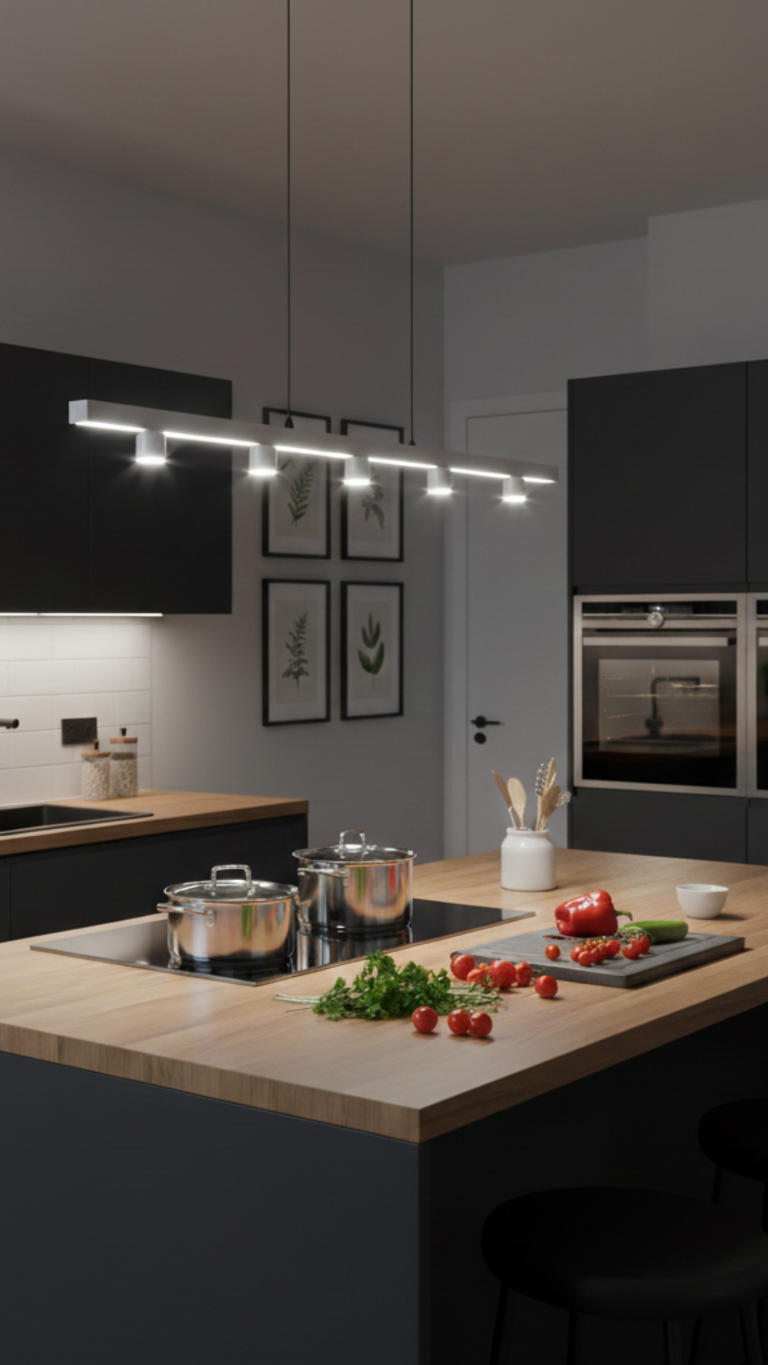 Modern kitchen island with Australum linear pendant lighting