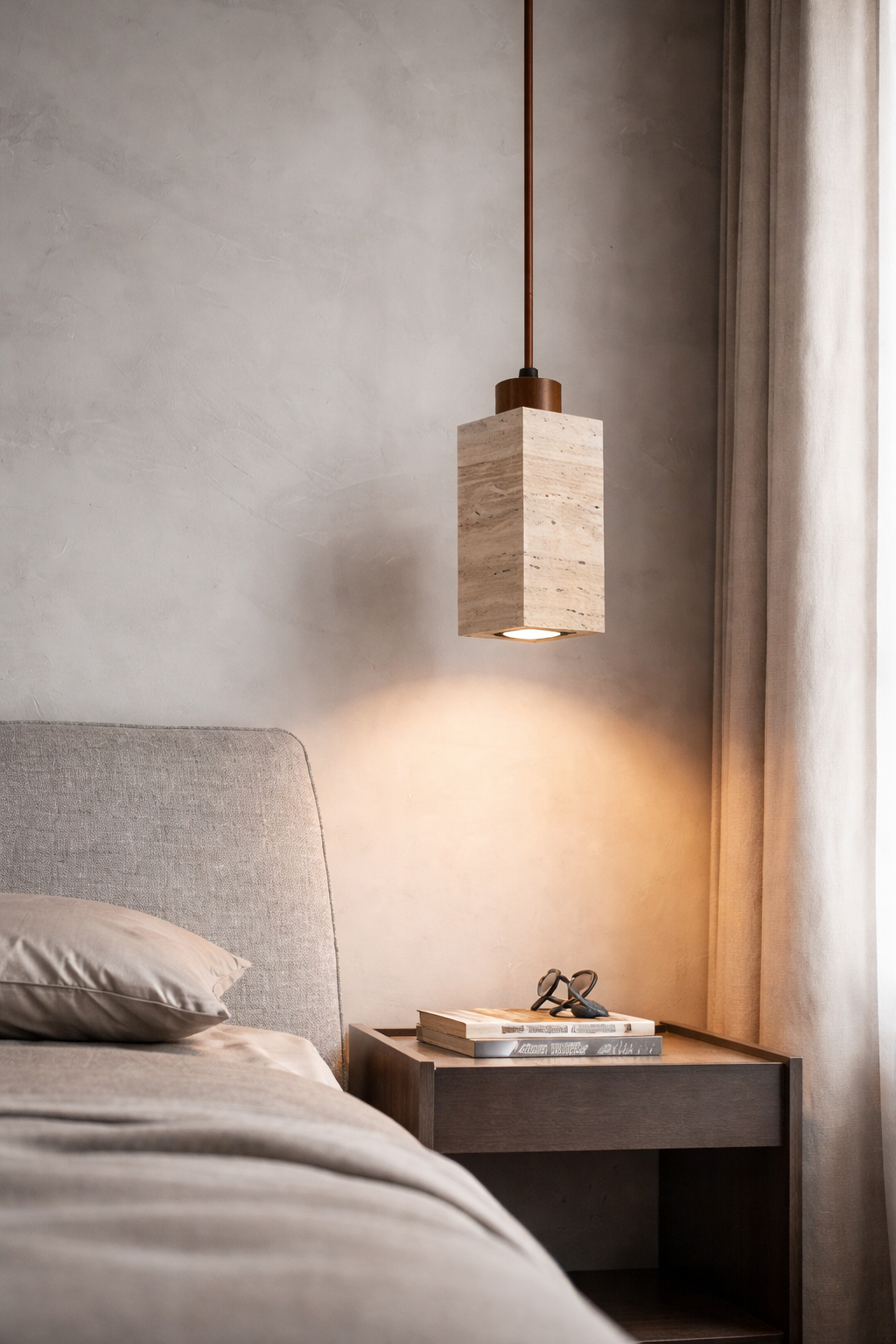 Australum travertine cube pendant lamp in elegant interior